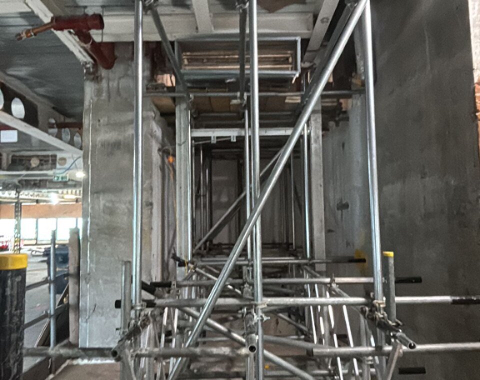 Scaffold access to bare structural steelwork ahead of dry abrasive blast cleaning at 30 Finsbury Square