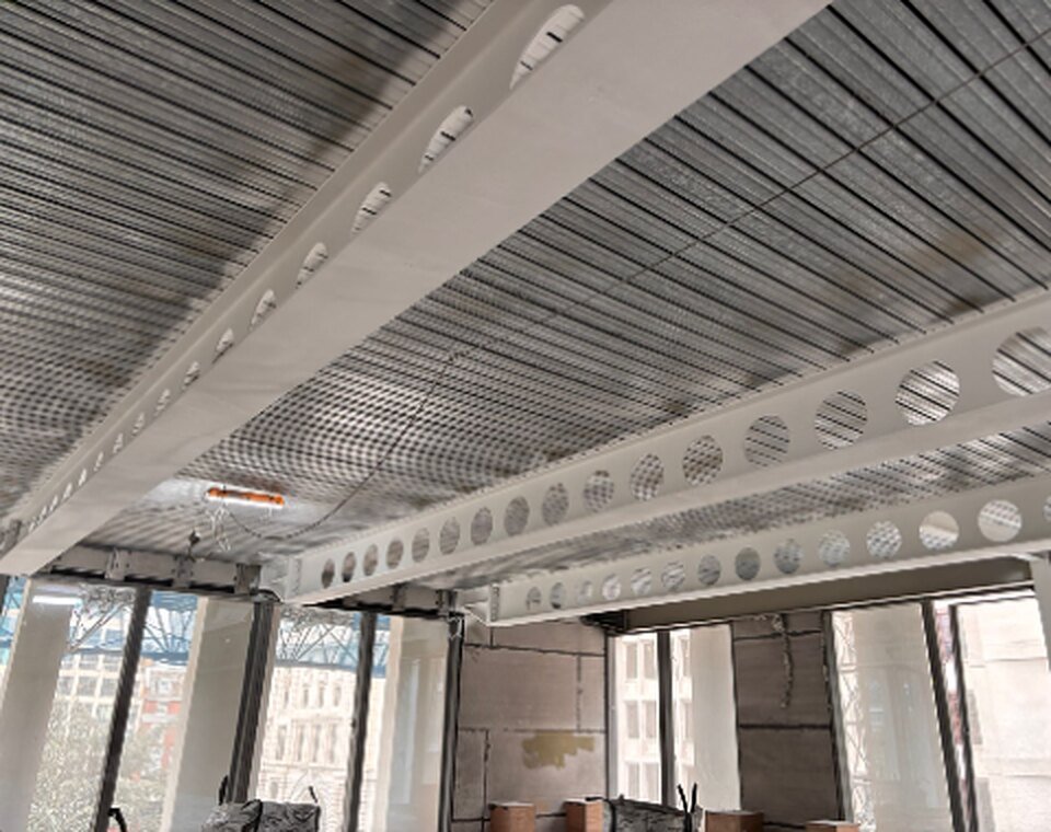 PPG Steelguard intumescent coating applied to structural steel beams on Level 3 at 30 Finsbury Square