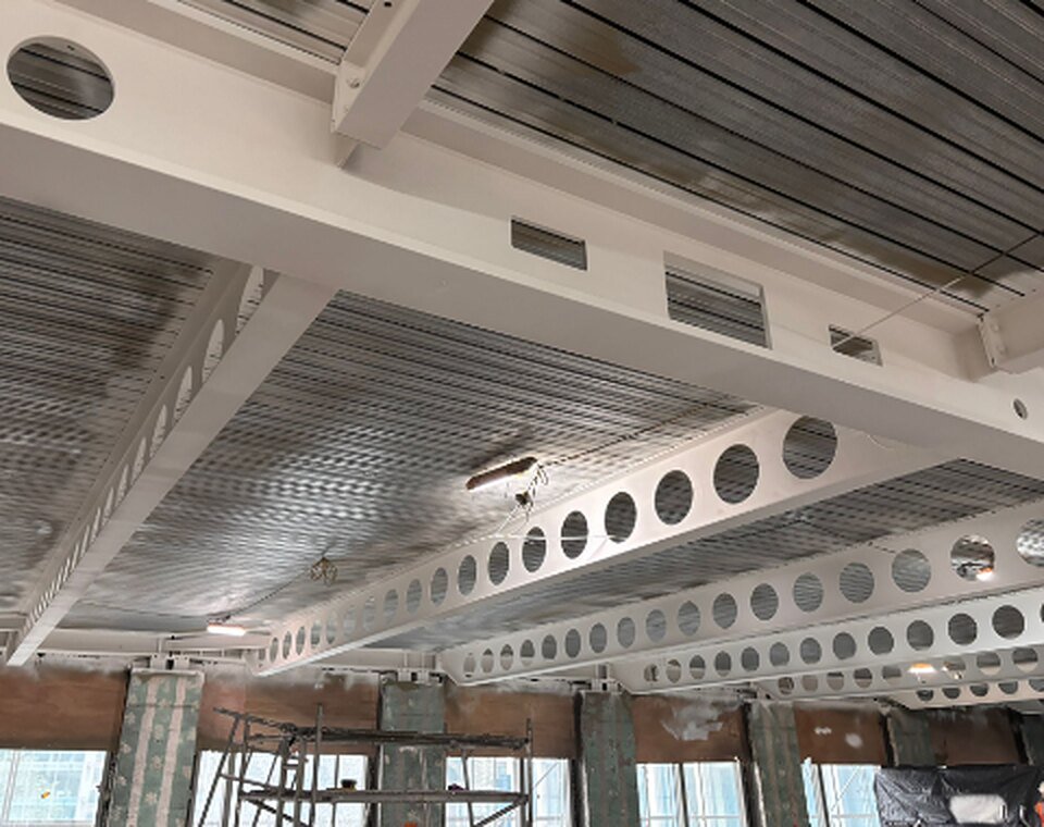 Completed structural steel fire protection to the cellular beams and frame at 30 Finsbury Square, London
