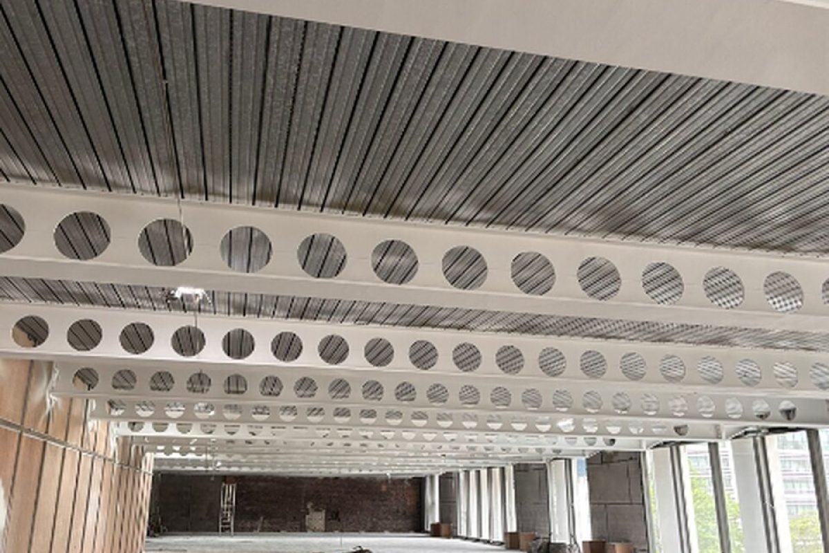 Structural steel fire protection applied to the cellular beams at 30 Finsbury Square, London